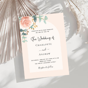 Floral rose gold blush arch wedding invitation
