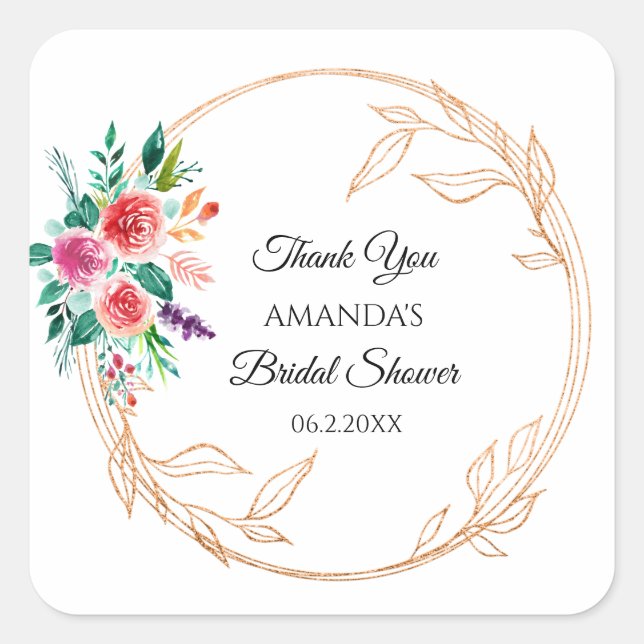 Floral Rose Gold Bridal Shower Pink White Square Sticker (Front)