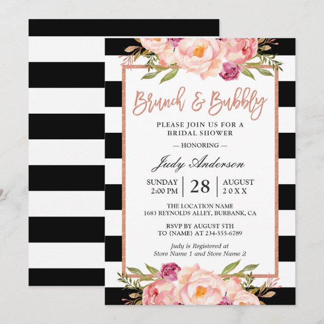 Floral Rose Gold Brunch and Bubbly Bridal Shower Invitation (Front/Back)