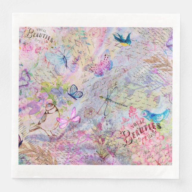 Floral Rose Gold Decoupage Birds Butterfly Script Napkin (Front)