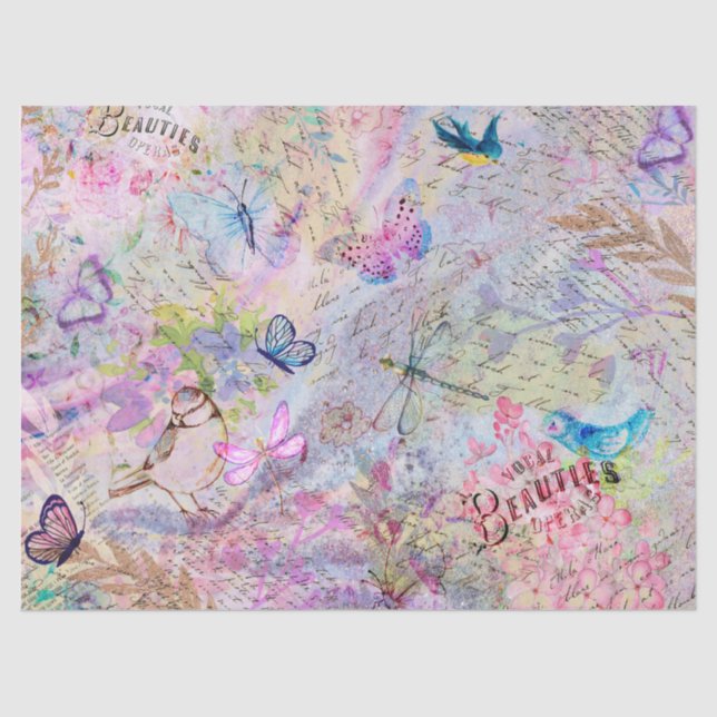 Floral Rose Gold Decoupage Birds Butterfly Script Tissue Paper (Front)
