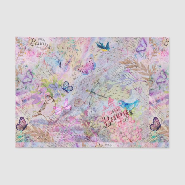 Floral Rose Gold Decoupage Birds Butterfly Script Tissue Paper (Front)