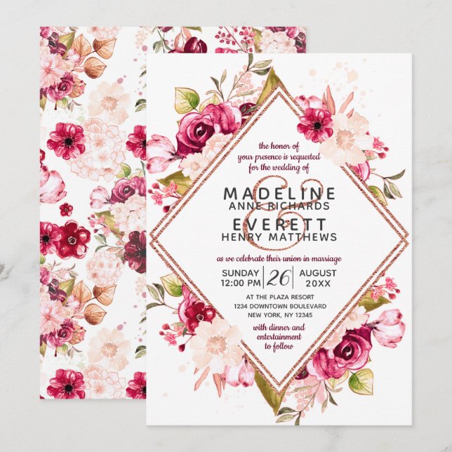 Floral & Rose Gold Diamond Invitations de mariage (Devant / Derrière)