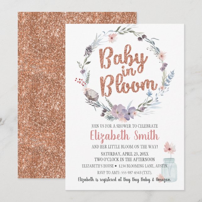 Floral Rose Gold Glitter Baby In Bloom Shower Invitation (Front/Back)