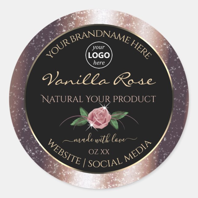 Floral Rose Gold Glitter Black Product Labels Logo (Front)
