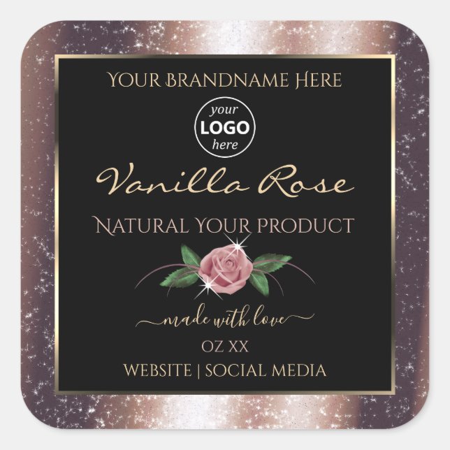 Floral Rose Gold Glitter Black Product Labels Logo (Front)