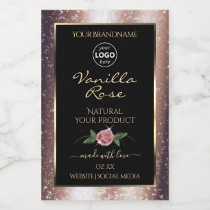 Floral Rose Gold Glitter Black Product Labels Logo