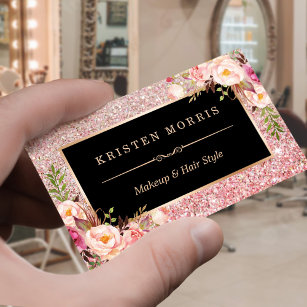 Floral Rose Gold Glitter Makeup Artist Hair Salon Business Card