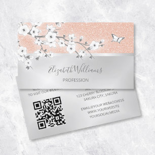 Floral  Rose Gold Glitter Silver QR Code Business Card