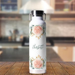 Floral rose gold greenery gold name water bottle<br><div class="desc">A chic white background. Decorated with rose gold and blush pink florals,  flowers (roses)and green watercolored eucalyptus leaves,  sprigs,  greenery and faux gold sprigs. Personalize and add a name.  The name is written with a modern hand lettered style script.</div>