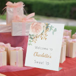 Floral rose gold greenery Sweet 16 welcome Pedestal Sign<br><div class="desc">A stylish white background decorated with a rose gold and blush pink watercolored floral,  flower,  eucalyptus greenery,  golden sprigs.   Personalize and add a name and age.</div>