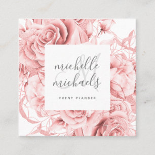 Floral Rose Gold Modern Script Monogram Square Business Card