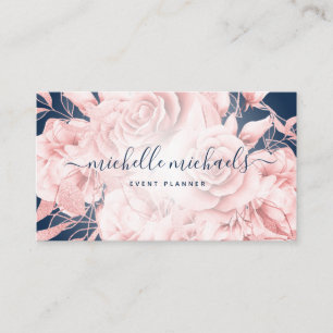 Floral Rose Gold Navy Modern Script Business Card