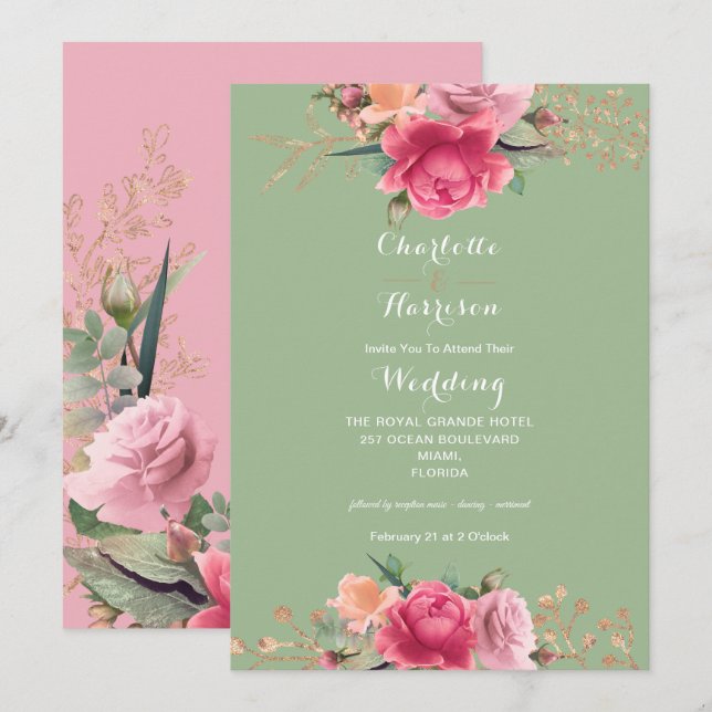 Floral Rose Gold Pink Green Roses Luxury Wedding Invitation (Front/Back)