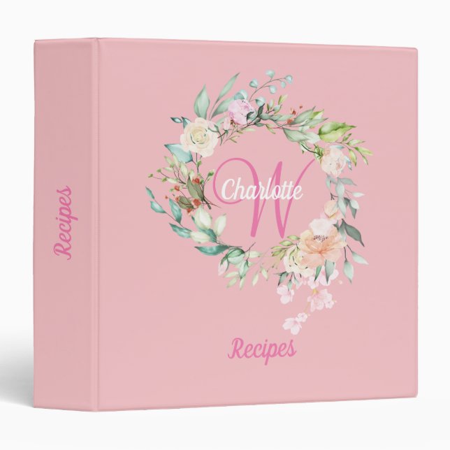 Floral Rose Gold Script Monogram Pink Recipe Binder (Front/Spine)