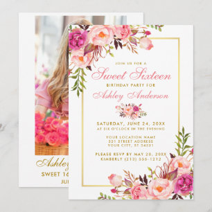Floral Rose Gold Sweet 16 Invitation d'anniversair
