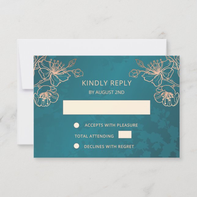 Floral Rose Gold Teal Wedding RSVP (Front)