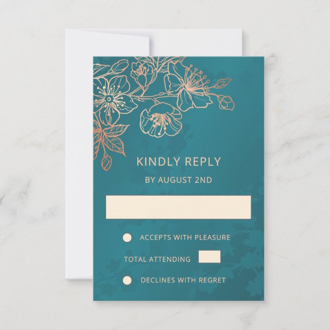 Floral Rose Gold Teal Wedding RSVP (Front)