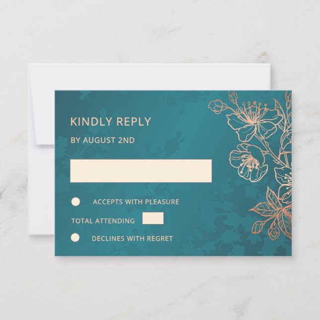 Floral Rose Gold Teal Wedding RSVP (Devant)