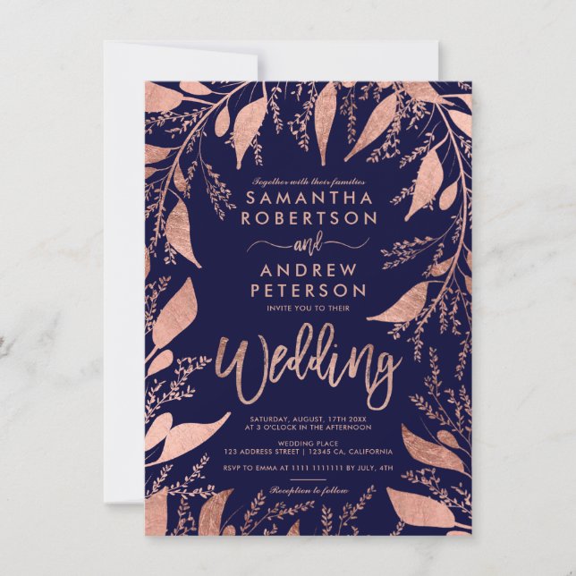Floral rose gold typography navy blue chic wedding invitation (Front)