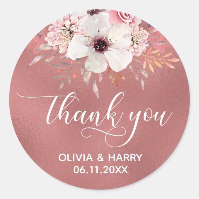 Floral Rose Gold Wedding Favour Stickers (Front)