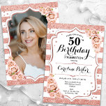 Floral Rose Gold White Photo 50th Birthday Invitation<br><div class="desc">Elegant, floral, feminine 50th birthday invitation with your photo at the back of the card. Glam white, blush pink design with faux glitter rose gold. Features stripes, roses, script font and confetti. Perfect for a stylish adult bday celebration party. Personalise with your own details. Can be customised for any age!...</div>