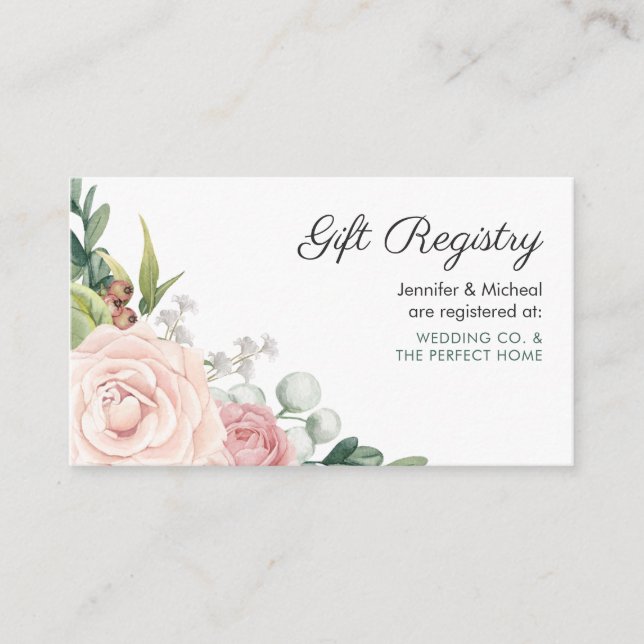 Floral Rose Greenery Wreath Wedding Gift Registry Enclosure Card (Front)
