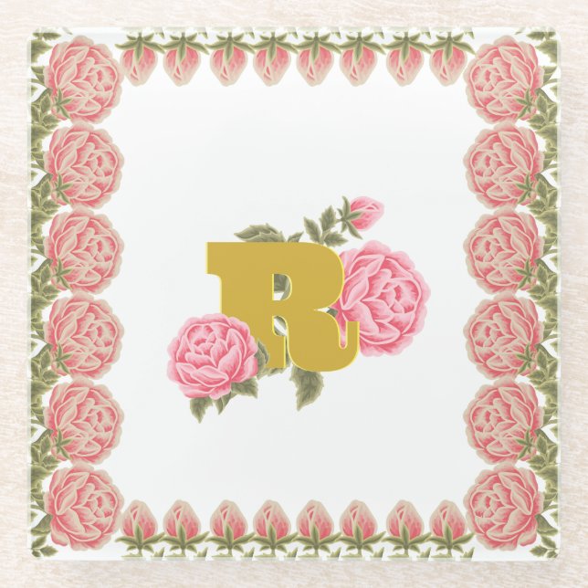 Floral Rose Initial Letter Monogram Name Couple Glass Coaster (Front)
