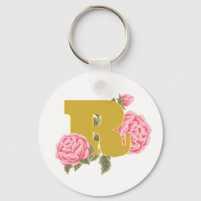 Floral Rose Initial Letter Monogram Name Couple Keychain (Front)
