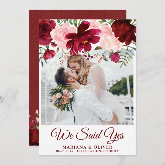 Floral rose mariage Faire-part Bourgogne (Devant / Derrière)