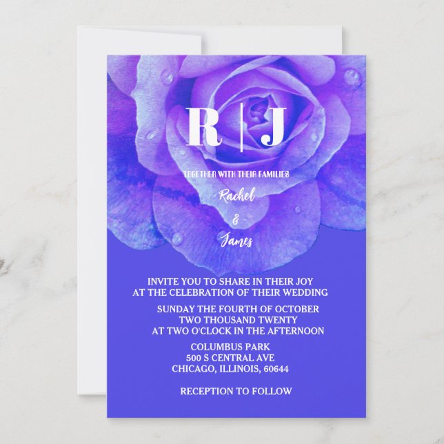 Floral Rose Monogram Blue Purple Colourful Wedding Invitation (Front)