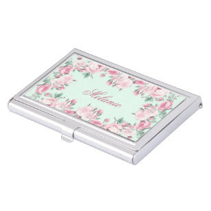 Floral rose personalized name business card holder