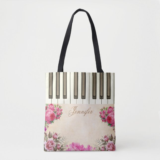Floral Rose Piano Music Tote Bags (Front)