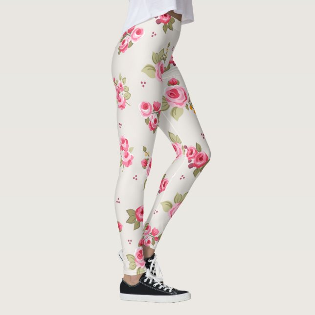 Floral Rose Pink and Beige Pattern Leggings (Right)