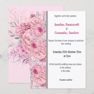 FLORAL ROSE PINK SILVER TRIM WHITE WEDDING INVITATION