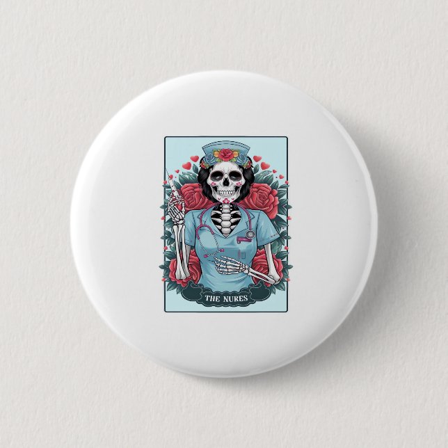 Floral Rose Skeleton Nurse Tarot Card Halloween Es 2 Inch Round Button (Front)