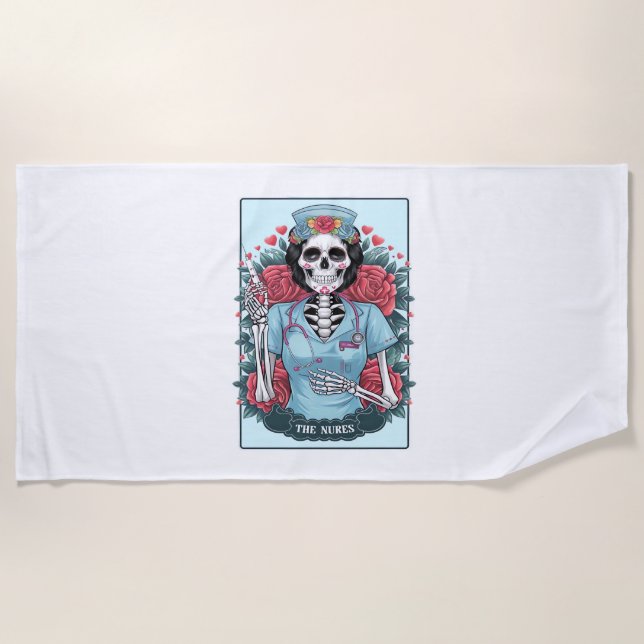 Floral Rose Skeleton Nurse Tarot Card Halloween Es Beach Towel (Front)