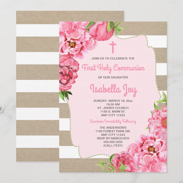 Floral rose + toile invitation de la première comm (Devant / Derrière)