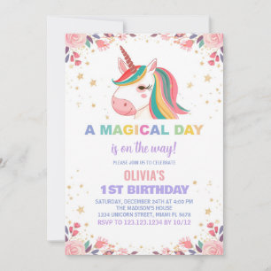 Floral Rose Unicorn Birthday Invitations