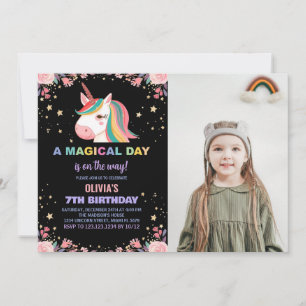 Floral Rose Unicorn Birthday Invitations photo