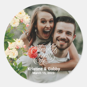 Floral Rose Vintage Thank You Calligraphy Classic  Round Sticker