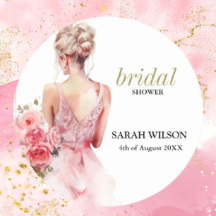 Floral Rose Watercolor Wedding Gown Collection Classic Round Sticker