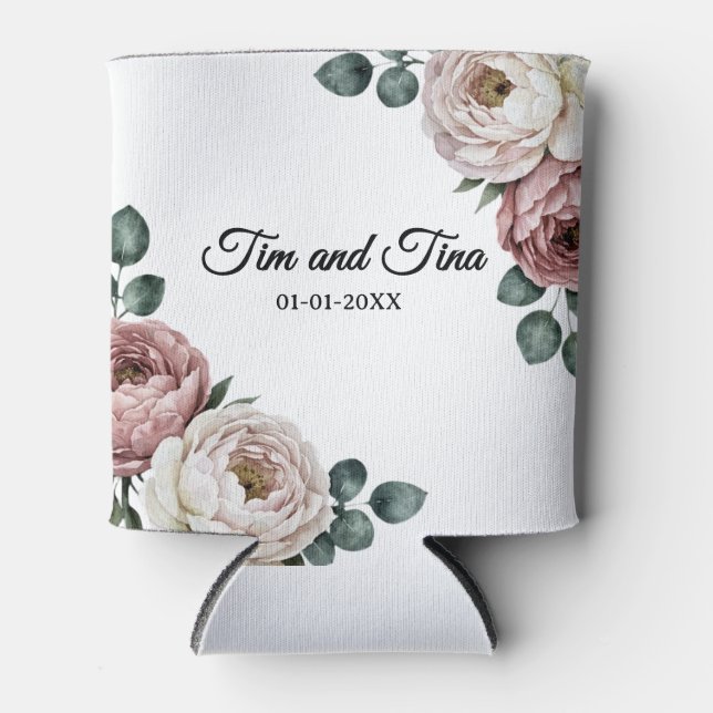 Floral Rose Wedding Favour Can Cooler (Front)