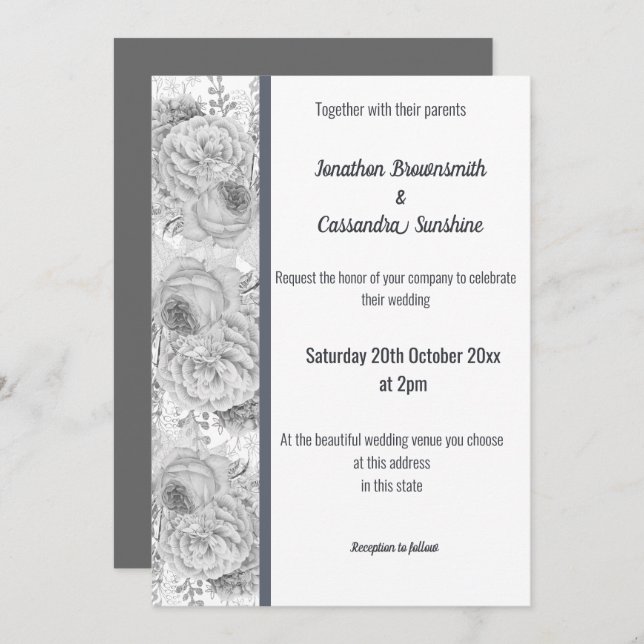FLORAL ROSE WHITE  SILVER TRIM WHITE WEDDING INVITATION (Front/Back)
