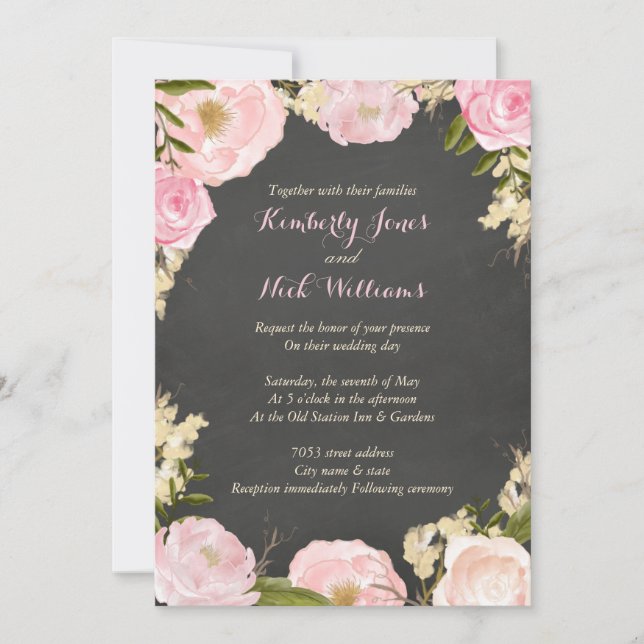 Floral Rose Wreath Chalkboard Wedding Invite (Front)