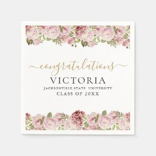 Floral Roses Black And Gold Script Graduation Napkin