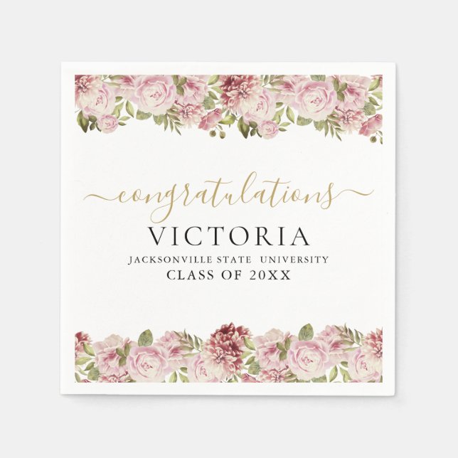 Floral Roses Black And Gold Script Graduation Napkin (Front)