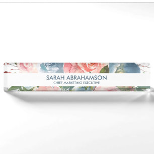 Floral Roses Blush Pink and Dusty Blue Desk Sign