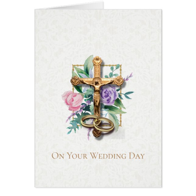 Floral Roses Crucifix Wedding Rings (Front)
