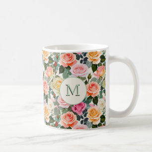 Floral Roses Elegant Flowers Pretty Monogrammed Coffee Mug